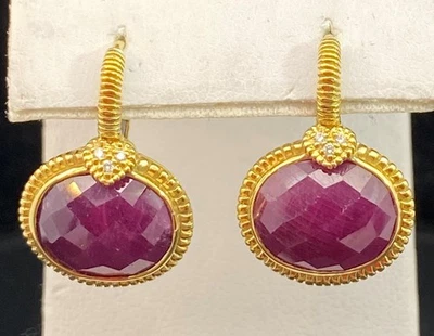 Judith Ripka 18k Yellow Gold Diamond Cabochon Ruby Earrings Drop E19 - Image 1 of 4