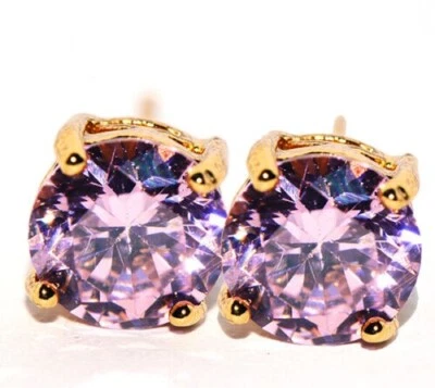 New Yellow Gold Filled 4 Prong Lattice Box Set 7mm Round Pink CZ Stud Earrings - Image 1 of 4