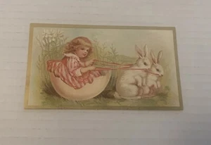 Vintage Girl Egg Sled 2 Bunnies Easter Card Paper Ephemera 3” x 5” England - Picture 1 of 5