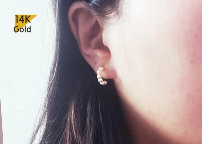 14K Solid Gold Stud Lightweight Curved String Swarovski Pearl Earrings - Image 1 of 4