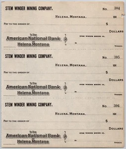 Helena, MT Stem Winder Mining Co. American National Bank Check Sheet - 1910 - Picture 1 of 2