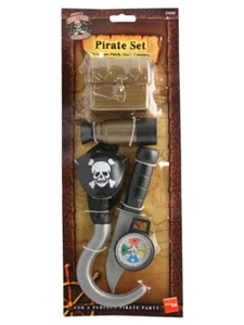 6 Piece Pirate Fancy Dress Set Telescope Chest Hook Eyepatch Compass by Smiffys - Picture 1 of 4