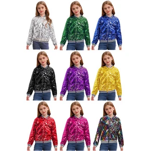 Kids Girls Sparkle Sequins Bomber Jacket Coat Hip Hop Jazz Disco Dance Tops - Picture 1 of 85