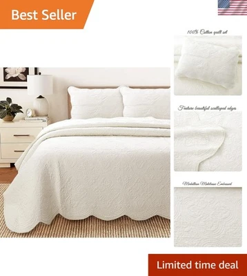Luxurious 100% Cotton Reversible Quilt Set - Ivory King Size, All-Season Comfort - Image 1 of 4