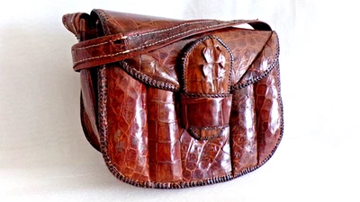 ANCIENNE Sac a bandouliere cuir exotique couleur marron bon etat VINTAGE - Photo 1/4