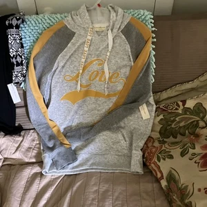 Bobbie Brooks Hoodie Womens Medium  Gray Yellow Love Long Sleeve Sweatshirt - Picture 1 of 9