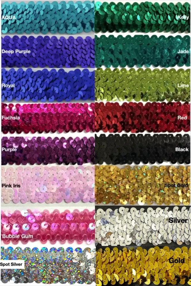 Acabamento de lantejoulas elásticas 3 fileiras (1") - 10 jardas contínuas - muitas cores disponíveis - Imagem 1 de 1