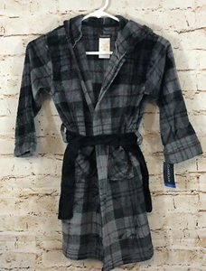 NEW Cuddl Duds robe boys small 4/6 Hooded plaid Bathrobe fleece gray pockets - Picture 1 of 5