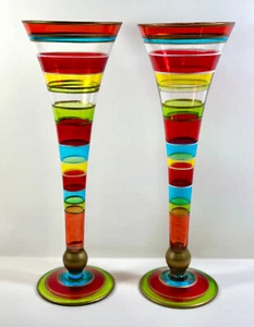 2 Pier 1 Multicolor Festive Stripe (Gold Accents) Hollow Stem Champagne Flutes - Picture 1 of 14