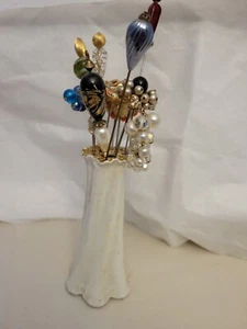 Vintage 12 Metal Beaded Hat and Stick Pins with Porcelain Holder - Picture 1 of 11