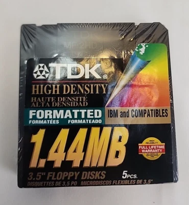 Disquetes TDK 3,5 pulgadas 1,44 MB IBM formateados de alta densidad paquete de 5 nuevos sellados Foto 1 de 2