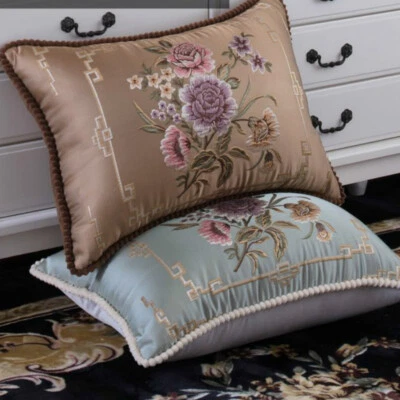2pcs Sofa Pillow Case Covers Embroidery Floral Cushion Home Decor Beige Vintage - Image 1 of 4