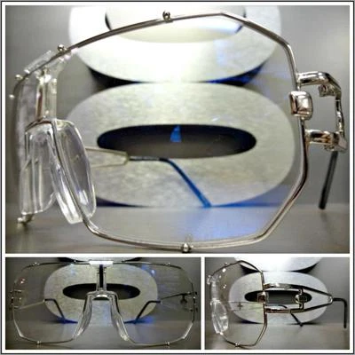 OVERSIZED VINTAGE RETRO SHIELD Style Clear Lens EYE GLASSES Large Silver Frame - Image 1 of 4