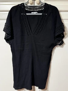 O’NEILL Women’s Flare Sleeve BLACK Cotton Gauze Crochet Top Boho Tunic Blouse M - Picture 1 of 10
