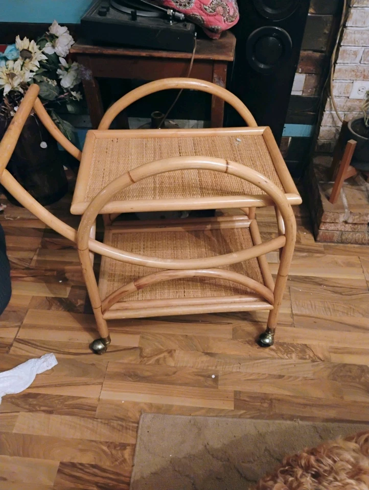 Mid century modern Bohemian rattan & bamboo serving bar Teacart Wheels. Vintage  - Image 1 of 4