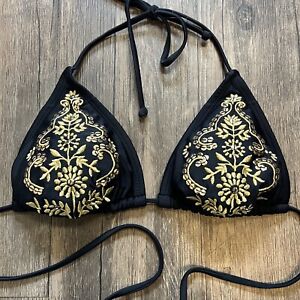 Xhilaration Women's Black & Gold Embroidered Padded Bikini Adjustable Top Size M