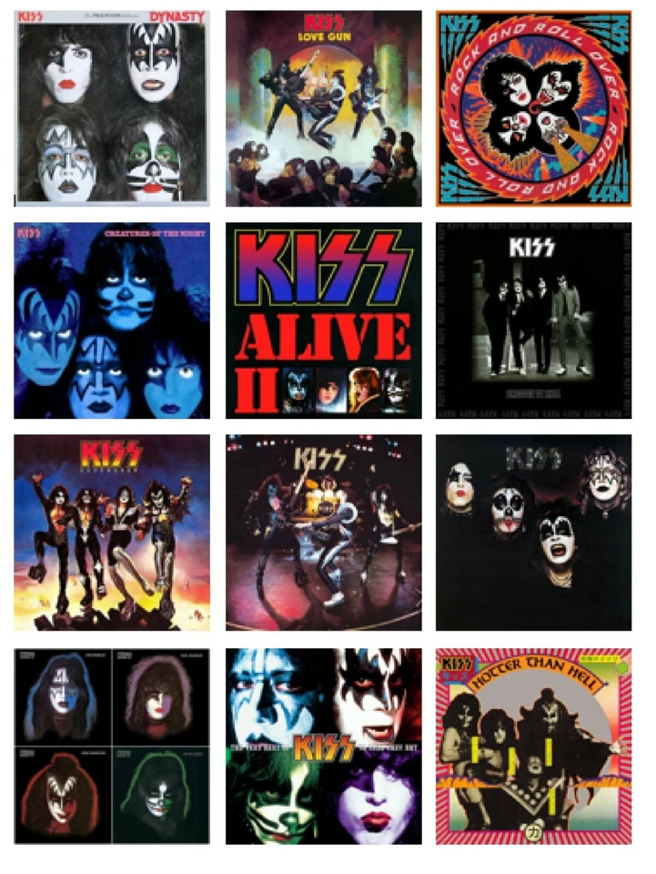 KISS SET OF 12 THIN FLEXI MAGNETS FREE UK P&P BIRTHDAY ROCK BAND ALBUMS MUSIC