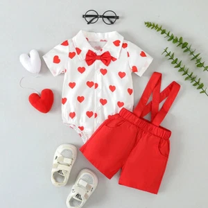 Infant Baby Boy Clothes Gentleman Short Sleeve Bowtie Bodysuit+Suspender Shorts - Picture 1 of 14