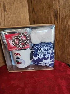 2369. NEW MAUDE BURUP BLUE SLIPPER SOCKS MUG SET W/COCOA MIX PRETZEL - Picture 1 of 2
