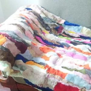Real natural rex rabbit fur blanket multicolr Carpet coat material made any size - Picture 1 of 11