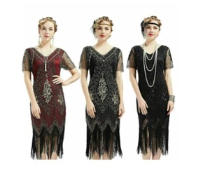 UK 20er Vintage Pailletten Kleid Flapper tolles Gatsby Fransen Perlen Party Kostüm - Bild 1 von 13