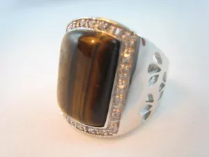 Real Tigereye Tigers Eye Stone 18KWGP Crystal Men Big Ring Size : 8.9.10.11.12 - Picture 1 of 8