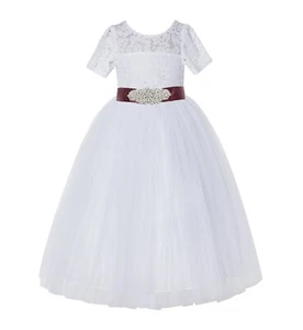 Short Sleeves Floral Lace Flower Girl Dress with Rhinestone Girls Formal Dresses - Picture 1 of 38