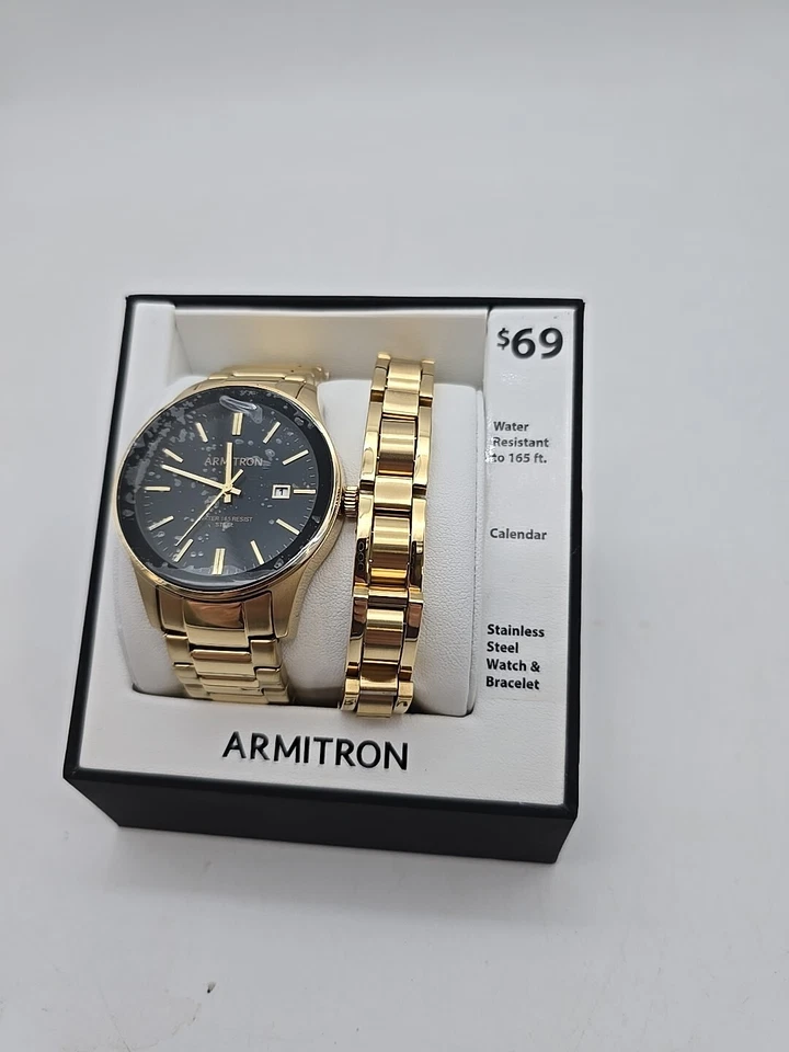 Armitron Mens 2pc. Gold-Tone Stainless Steel Watch /Bracelet Set 20/5374BKGPWM