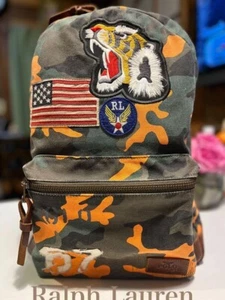 Polo Ralph Lauren Tiger USA RL Patches Backpack Bag Canvas Camo Green Casual - Picture 1 of 12