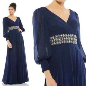 Mac Duggal Midnight Blue Beaded Belt Long Sleeve A-Line Gown Size 18 $598 - Picture 1 of 4