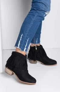 New Women's Cowboy Western Fringe Ankle Boot Booties Med Low Heel Faux Suede Zip - Picture 1 of 26