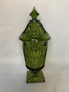 Vintage Green Indiana Glass Mt. Vernon Pattern 10” Tall Footed Candy Dish W/ Lid - Picture 1 of 6