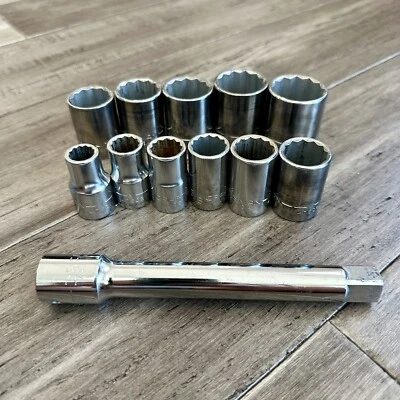 Vtg Craftsman 12 Socket Set 1/2" Drive SAE 12 pt V Series 7/16” - 1 1/16” & Ext - Image 1 of 4