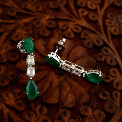 7.00 Tcw Lab Grown CVD Diamond Zambian Emerald Dangle Earrings 18k White Gold - Image 1 of 4