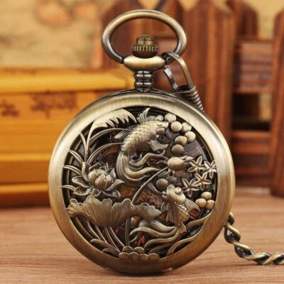 Steampunk Hollow Fish Men's Pocket Watch Manual Mechanical Watches FOB Chain - Image 1 of 4