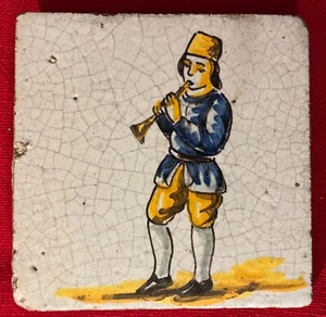 Antique 19th c. Portuguese French Spanish Faience Pottery Delft Tile Man & Horn - Picture 1 of 5
