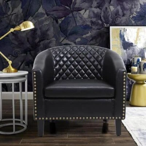 PU Leather Accent Barrel Chair with Nailheads and Solid Wood Legs Black - Picture 1 of 12