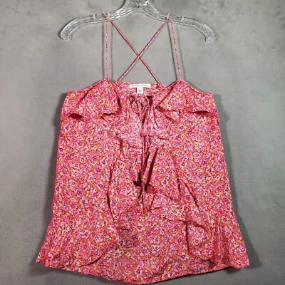 Banana Republic Y2K Cami Top 女式 S 粉色花卉丝绸褶边短 Coquette — 第 1/4 张图片