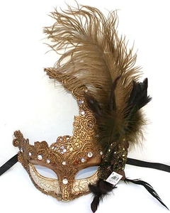 Feather Venetian Masquerade Costume Ball Prom Party Wedding Ivory Gold Lace Mask - Picture 1 of 1