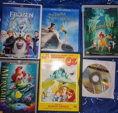 Disney 6 Blu ray DVD Lot Little Mermaid Wizard Of Oz Frozen Bambi 2 Paddington  - Image 1 of 4