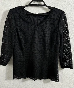 Virgo Blouse Womens Petite Medium Black Lace Floral V-Neck 3/4 Sleeve Y2K USA - Picture 1 of 5