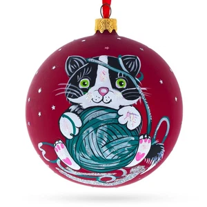 Kitten with Green Yarn Glass Blown Ball Ornament 4 Inches - Picture 1 of 4