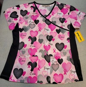 Green Town Scrub Top Medium Hearts Breast Cancer Hope Joy Pink Nurse Dental Vet - Picture 1 of 5