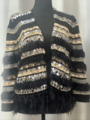 Chico's Greta Bohemian Gothic Black Faux Fur Gold Silver Open Cardigan 1 Womens - Image 1 of 4