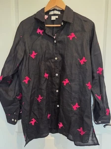 Casey Coleman Womens Embroidered Linen Shirt Tunic Top Large Black, Pink Cats - Picture 1 of 11