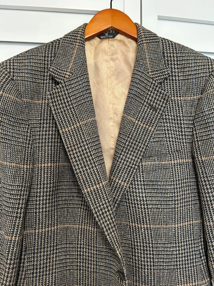 Polo University Club black beige plaid English tweed blazer coat jacket 40S - Image 1 of 4