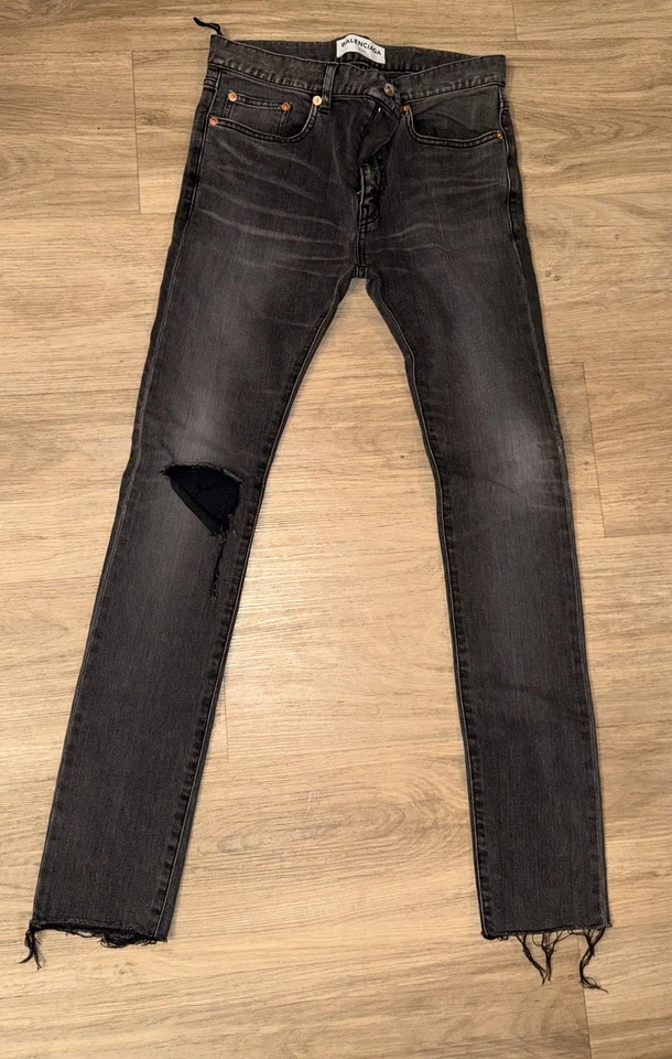 Balenciaga 2017 Archetype Black Gray Mid-Rise Distressed Cotton Stretch Jeans 28 - Image 1 of 4