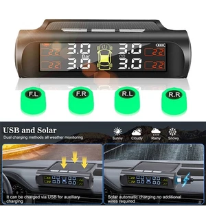 Luminous Tyre Pressure Monitoring System Solar TPMS Real Time Monitor 4 Sensors - Picture 1 of 13