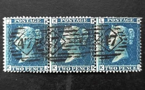 Queen Victoria GB 2d Blue Horizontal Trio SG.45 Pl.8 Used Well Centred VF - Picture 1 of 3