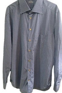 Camisa Kiton Hombre XL 46 Manga Larga Azul Blanco Cuadros Preppy Italiana Elastizada  - Imagen 1 de 8